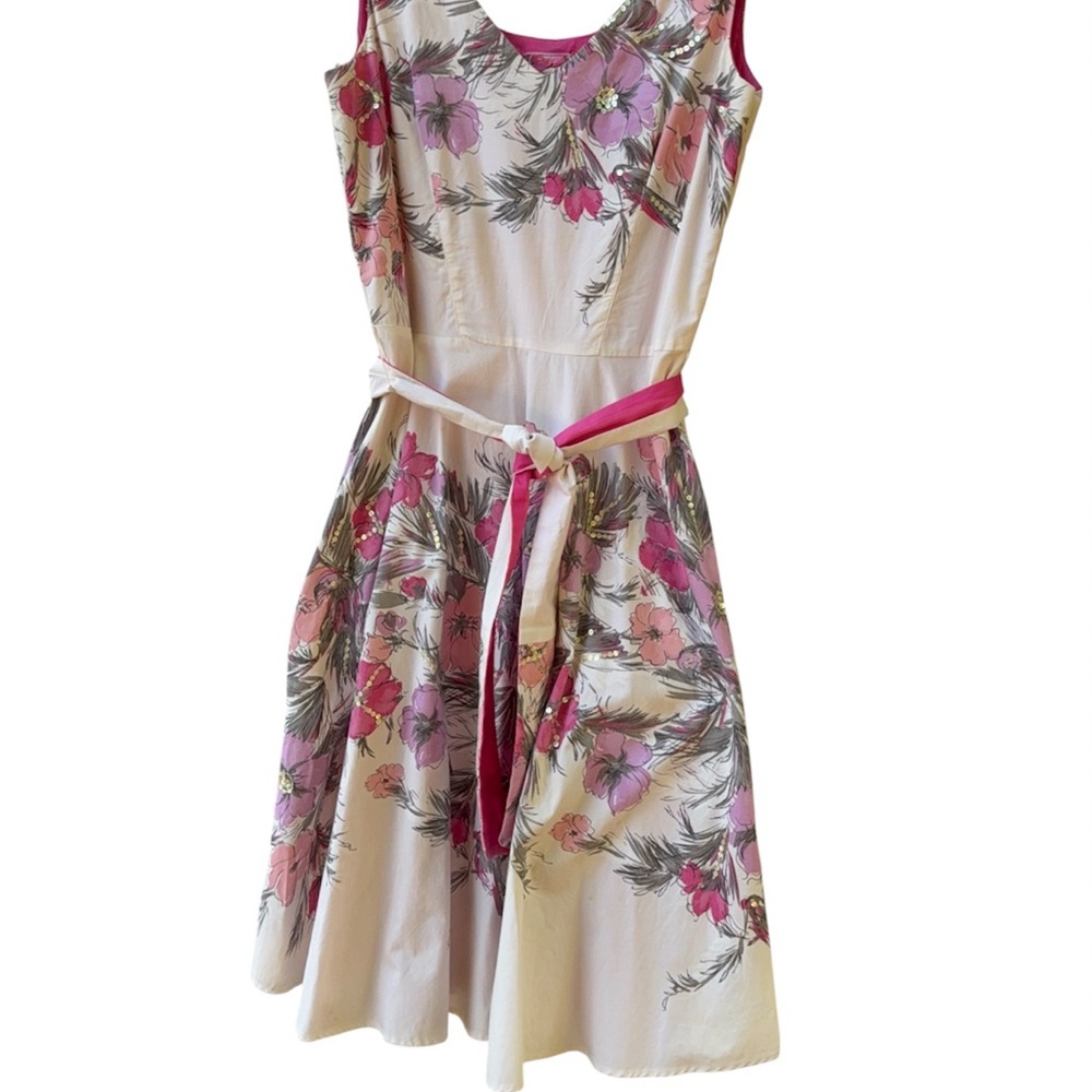Yoana Baraschi Pink Floral Midi Dress 100% cotton hot pink petticoat Sequin Sz 6